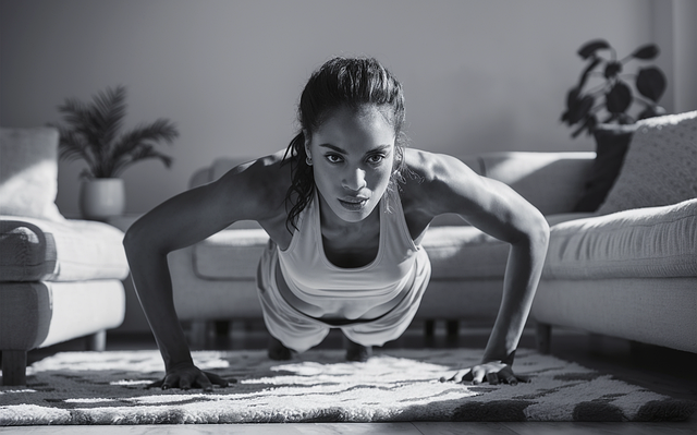 A woman doing push-ups in the living room